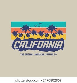 Vector illustration on the theme of surfing and surf in California. Sport typography, t-shirt graphics, print, poster, banner, flyer, postcard