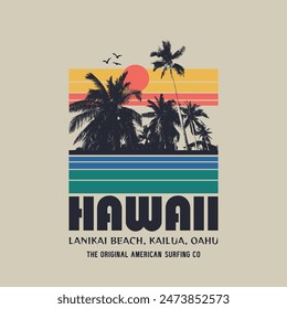 Vector illustration on the theme of surfing and surf in Hawaii. Vintage design. Sport typography, t-shirt graphics, print, poster, banner, flyer, postcard