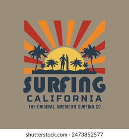 Vector illustration on the theme of surfing and surf in California. Sport typography, t-shirt graphics, print, poster, banner, flyer, postcard