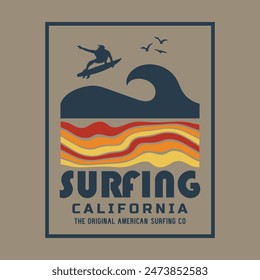 Vector illustration on the theme of surfing and surf in California. Sport typography, t-shirt graphics, print, poster, banner, flyer, postcard