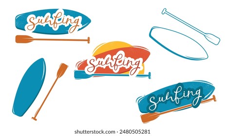 Ilustración vectorial de surf y sapsurf. Diseño de Antiguas con textura. Tipografía, gráficos de camiseta, póster, Anuncio, volante, impresión, postal