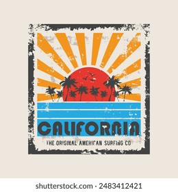 Vector illustration on the theme of surfing and surf riders in California. Vintage design. Sport typography, t-shirt graphics, print, poster, banner, flyer, postcard