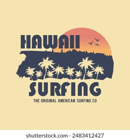 Vector illustration on the theme of surfing and surf in Hawaii. Vintage design. Sport typography, t-shirt graphics, print, poster, banner, flyer, postcard