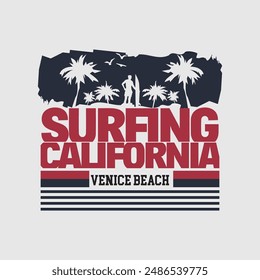 Vector illustration on the theme of surfing and surf in California. Sport typography, t-shirt graphics, print, poster, banner, flyer, postcard