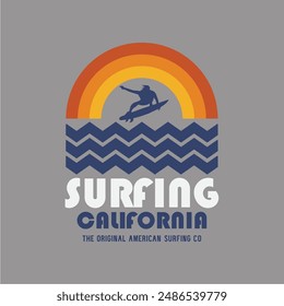 Vector illustration on the theme of surfing and surf in California. Sport typography, t-shirt graphics, print, poster, banner, flyer, postcard