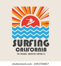 Vector illustration on the theme of surfing and surf in California. Sport typography, t-shirt graphics, print, poster, banner, flyer, postcard
