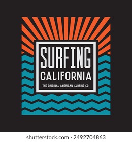 Ilustración vectorial sobre el surf y surf en California. Tipografía deportiva, gráficos de camisetas, estampado, póster, Anuncio, volante, postal