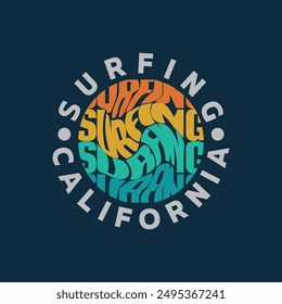 Vector illustration on the theme of surfing and surf in California. Sport typography, t-shirt graphics, print, poster, banner, flyer, postcard
