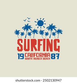 Vector illustration on the theme of surfing and surf in California. Sport typography, t-shirt graphics, print, poster, banner, flyer, postcard