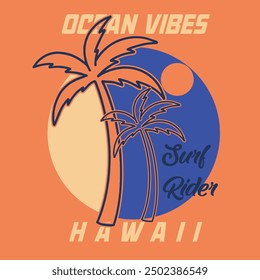 Vector illustration on the theme of surfing and surf in Hawaii. Vintage design. Grunge background. Sport typography, t-shirt graphics, print, poster, banner,