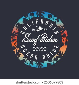 Vector illustration on the theme of surfing and surf in California. Sport typography, t-shirt graphics, print, poster, banner, flyer, postcard