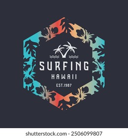 Vector illustration on the theme of surfing and surf in Hawaii. Vintage design. Sport typography, t-shirt graphics, print, poster, banner, flyer, postcard