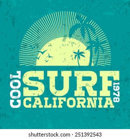 Vector illustration on the theme of surfing in California. print, vintage illustration, emblem, vector