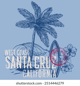 Vector illustration on the theme of surfing and surf in California. Vintage design. Grunge background. Sport typography, t-shirt graphics, print, poster, banner,