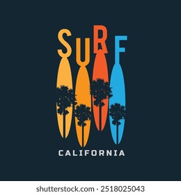 Vector illustration on the theme of surfing and surf California. Sport typography, t-shirt graphics, print, poster, banner, flyer, postcard