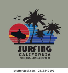Vector illustration on the theme of surfing and surf California. Vintage design. Sport typography, t-shirt graphics, print, poster, banner, flyer, postcard