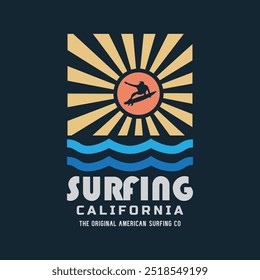 Vector illustration on the theme of surfing and surf in California. Sport typography, t-shirt graphics, print, poster, banner, flyer, postcard