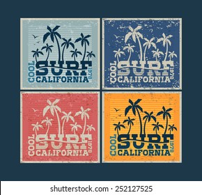 Vector illustration on the theme of surfing in California. print, vintage illustration, emblem, vector, background