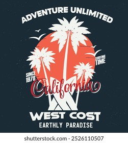 Vector illustration on the theme of surfing and surf in California. Sport typography, t-shirt graphics, print, poster, banner, flyer, postcard
