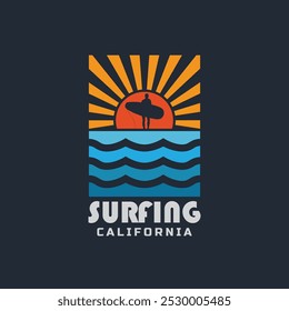 Vector illustration on the theme of surfing and surf in California. Sport typography, t-shirt graphics, print, poster, banner, flyer, postcard