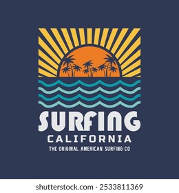 Vector illustration on the theme of surfing and surf in California. Sport typography, t-shirt graphics, print, poster, banner, flyer, postcard