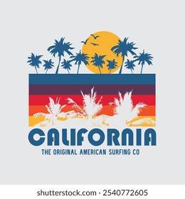 Vector illustration on the theme of surfing and surf in California. Sport typography, t-shirt graphics, print, poster, banner, flyer, postcard