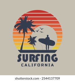 Vector illustration on the theme of surfing and surf in Hawaii. Vintage design. Sport typography, t-shirt graphics, print, poster, banner, flyer, postcard