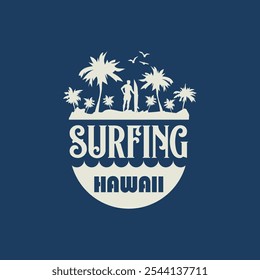 Vector illustration on the theme of surfing and surf in Hawaii. Vintage design. Sport typography, t-shirt graphics, print, poster, banner, flyer, postcard