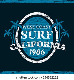 Vector illustration on the theme of surfing in California. west coast, print, vintage illustration, emblem, vector
