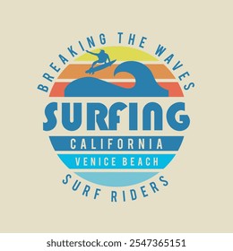 Ilustración vectorial sobre el surf y el surf en California. Tipografía del deporte, gráficos de la camiseta, impresión, cartel, Anuncio, volante, postal