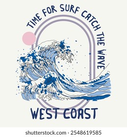 Ilustração vetorial sobre o tema do surf e do surfista na Califórnia, praia de Veneza. Fundo grunge. Tipografia, gráficos de camiseta, cartaz, impressão, banner,