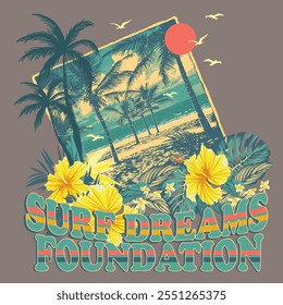 Ilustração vetorial sobre o tema surf e surf no Havaí. Design antigo. Tipografia esportiva, gráficos t-shirt, impressão, cartaz, banner, folheto, cartão postal