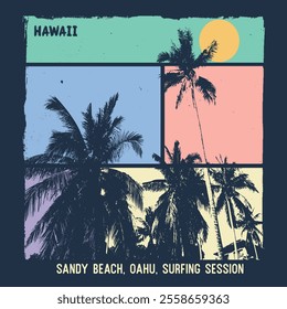 Vector illustration on the theme of surfing and surf in Hawaii. Vintage design. Grunge background. Sport typography, t-shirt graphics, print, poster, banner,