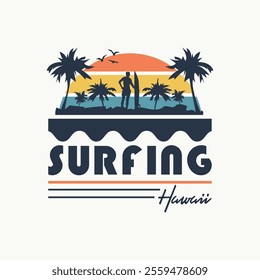 Vector illustration on the theme of surfing and surf in Hawaii. Vintage design. Sport typography, t-shirt graphics, print, poster, banner, flyer, postcard