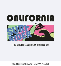 Vector illustration on the theme of surfing and surf rider in California. Sport typography, t-shirt graphics, print, poster, banner, flyer, postcard