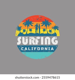 Vector illustration on the theme of surfing and surf in California. Vintage design. Grunge background. Sport typography, t-shirt graphics, print, poster, banner, flyer, postcard