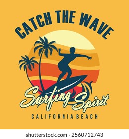 Vector illustration on the theme of surfing spirit, california beaches. typography design, t-shirt graphic, print, poster, banner, vector illustration