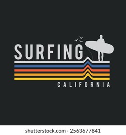 Vector illustration on the theme of surfing and surf in California. Sport typography, t-shirt graphics, print, poster, banner, flyer, postcard