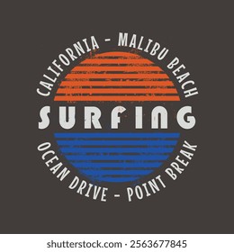 Vector illustration on the theme of surfing and surf in California. Vintage design. Grunge background. Sport typography, t-shirt graphics, print, poster, banner, flyer, postcard