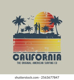 Vector illustration on the theme of surfing and surf in California. Vintage design. Grunge background. Sport typography, t-shirt graphics, print, poster, banner, flyer, postcard