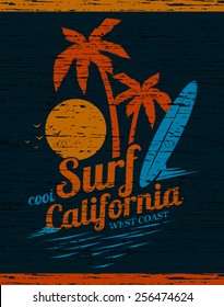 Vector illustration on the theme of surfing in California. west coast, print, vintage illustration, emblem, vector, palm trees, surfer