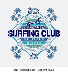 Vector illustration on the theme of surfing and surfing in California. Surfing typography, great for t-shirts, print, poster, banner, flyer