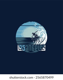 Vector illustration on the theme of surfing and surf in California, Los Angeles City. Vintage design. Grunge background. Sport typography, t-shirt graphics, print, 