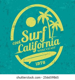 Vector illustration on the theme of surfing in California. west coast, print, vintage illustration, emblem, vector, palm trees, surfer
