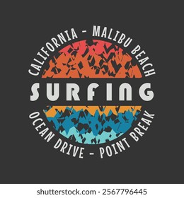 Vector illustration on the theme of surfing and surf in California. Stump typography, t-shirt graphics, print, poster, banner, flyer, postcard