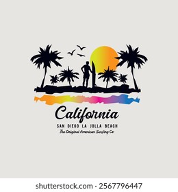 Vector illustration on the theme of surfing and surf in California. Sport typography, t-shirt graphics, print, poster, banner, flyer, postcard