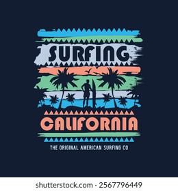 Vector illustration on the theme of surfing and surf in California. Sport typography, t-shirt graphics, print, poster, banner, flyer, postcard