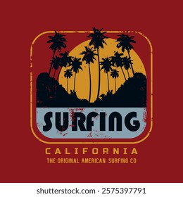 Vector illustration on the theme of surfing and surf in California. Vintage design. Grunge background. Sport typography, t-shirt graphics, print, poster, banner, flyer, postcard