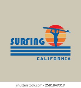 Vector illustration on the theme of surfing and surf in California. Sport typography, t-shirt graphics, print, poster, banner, flyer, postcard