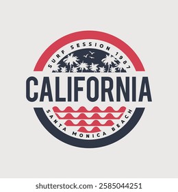Vector illustration on the theme of surfing and surf in California. Sport typography, t-shirt graphics, print, poster, banner, flyer, postcard